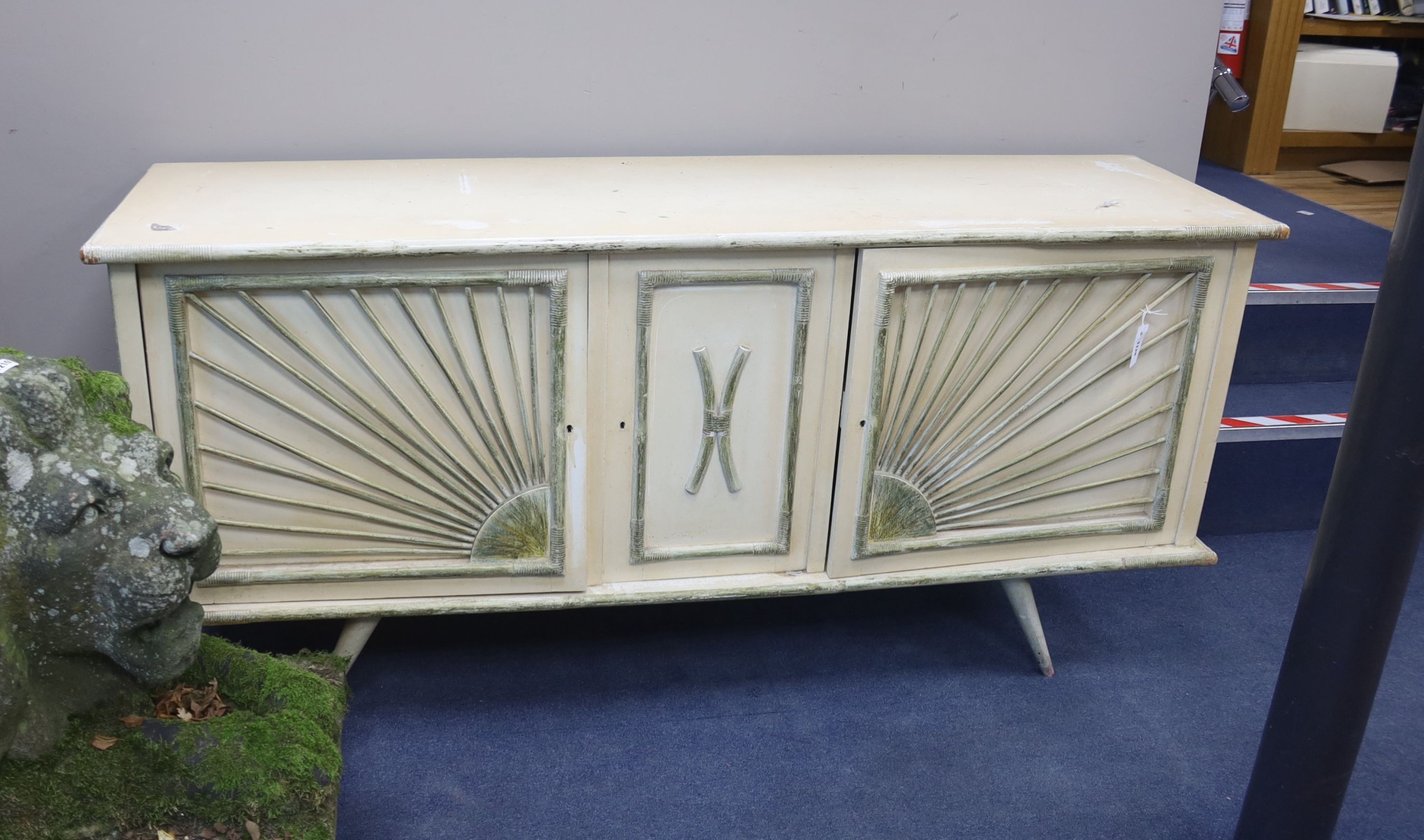 A 1950's French sideboard, length 180cm, depth 49cm, height 87cm